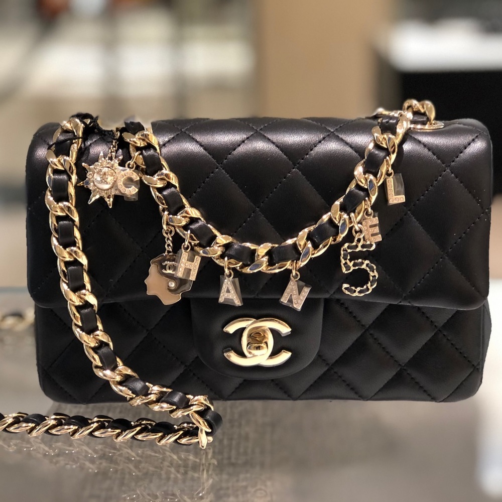 New Chanel Mini Coco Charms Rectangular Flap Black